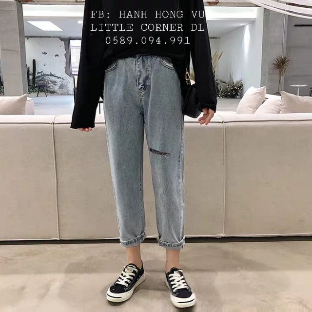 Quần slim baggy jeans rách ngang đùi một bên kèm ảnh thật hàng sẵn