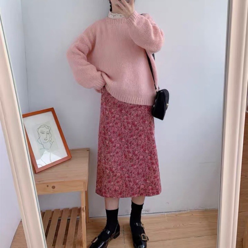 Chân váy nhung tăm dáng A 1533 hoạ tiết hoa nhí Ulzzang style