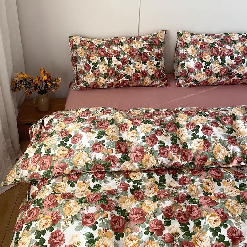 Bộ Chăn Ga Giường Và Vỏ Gối Hoa Pháp Vintage Cotton Living 100% Dày Dặn Thoáng Mát bọc nệm freesize Sunny Bedding