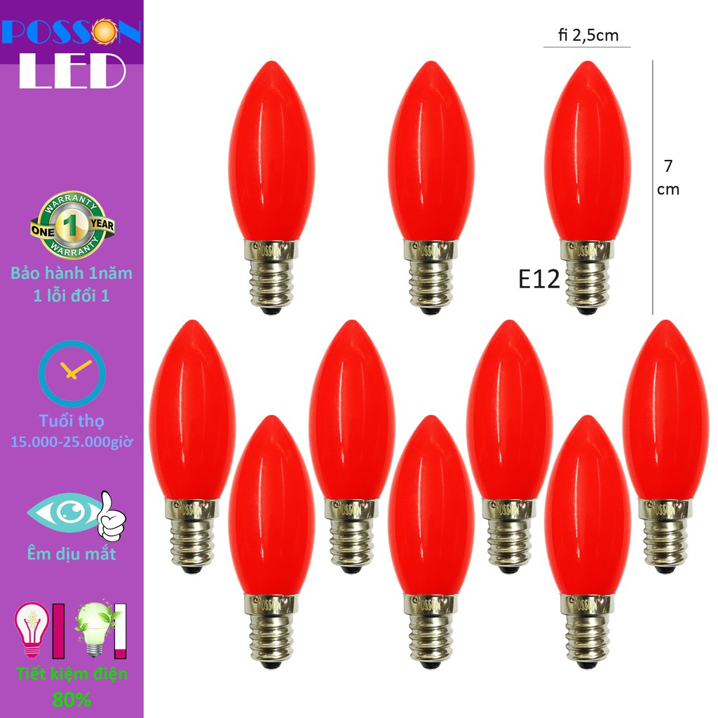 Combo 10 Bóng đèn Led trái ớt quả nhót cà na 1w nến trang trí bàn thờ thần tài màu đỏ đuôi E12