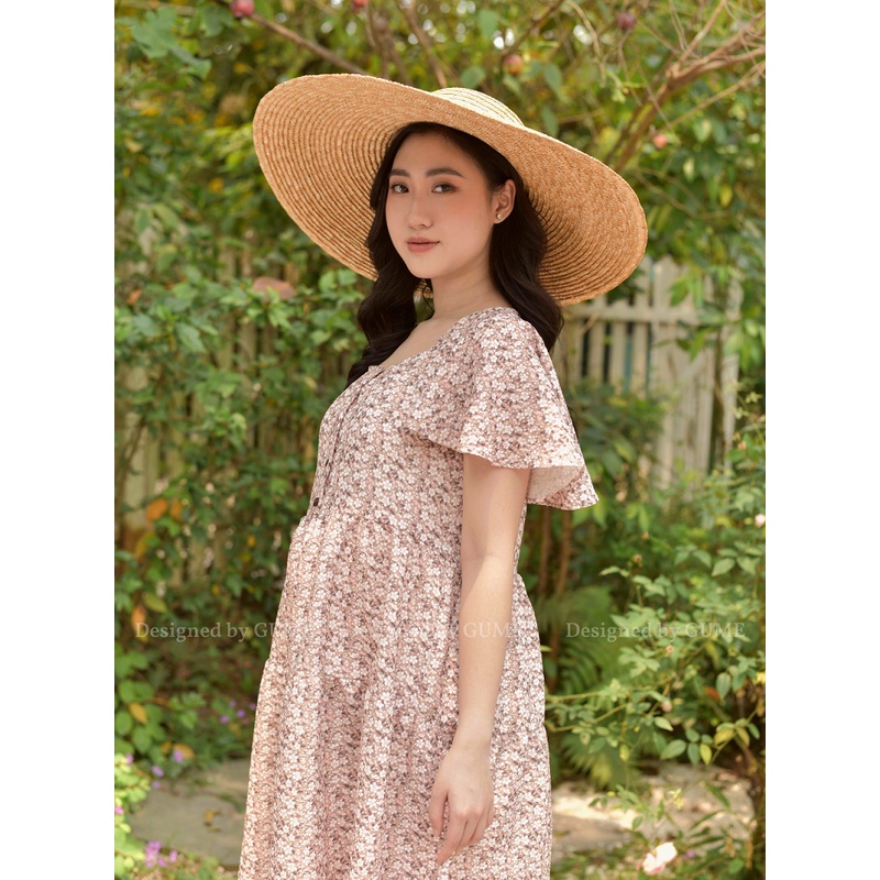 Váy bầu bigsize thiết kế GuMe dáng babadoll tay chuông cổ vuông phối cúc chất vải đũi tơ cao cấp size từ 40-100kg GM020