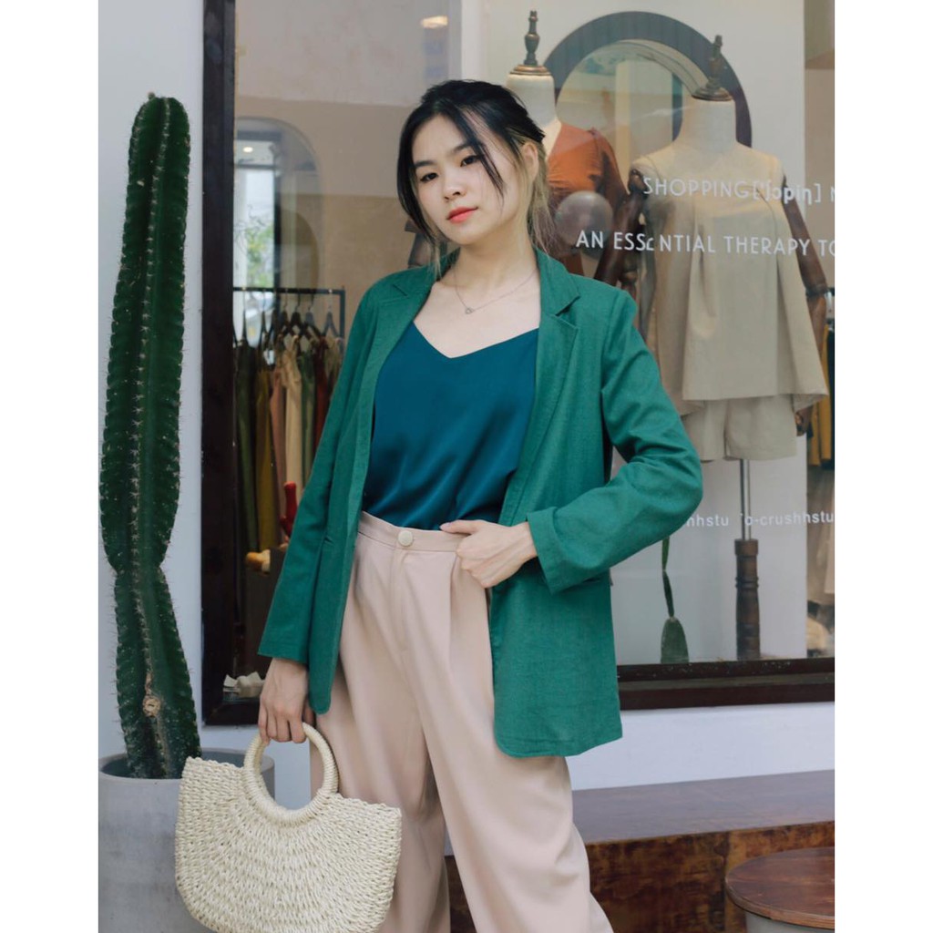 Áo vest nữ blazer KHÀN chất liệu linen màu xanh lá tay dài 1 lớp thời trang công sở Hàn Quốc | BigBuy360 - bigbuy360.vn