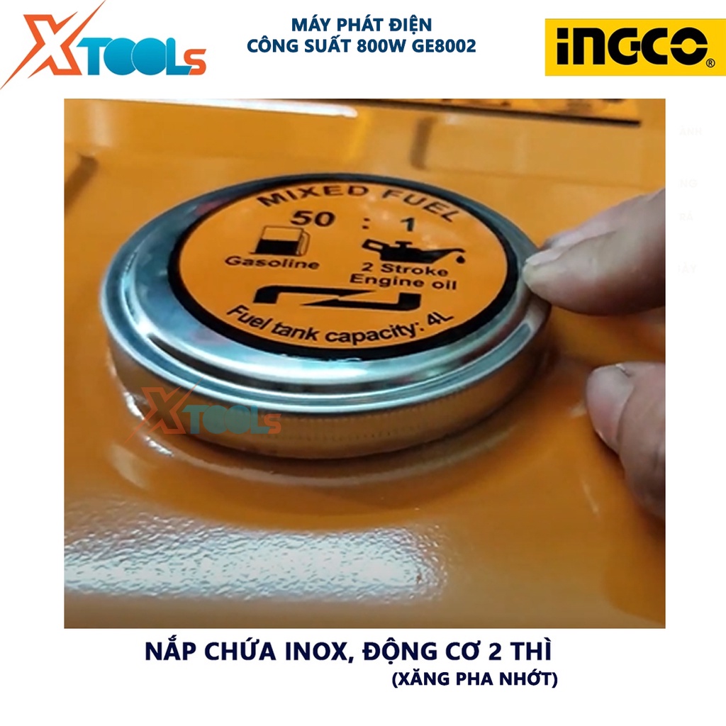 Máy phát điện mini INGCO GE8002 Máy phát điện động cơ xăng Nguồn điện ra: 220V - 240V / 50Hz / 1 pha, công suất 0.8KW