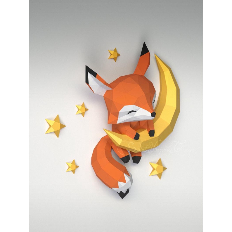 Bộ kit Mô hình giấy 3D cáo nhỏ chơi trăng mập trang trí nhà cửa, shop thời trang