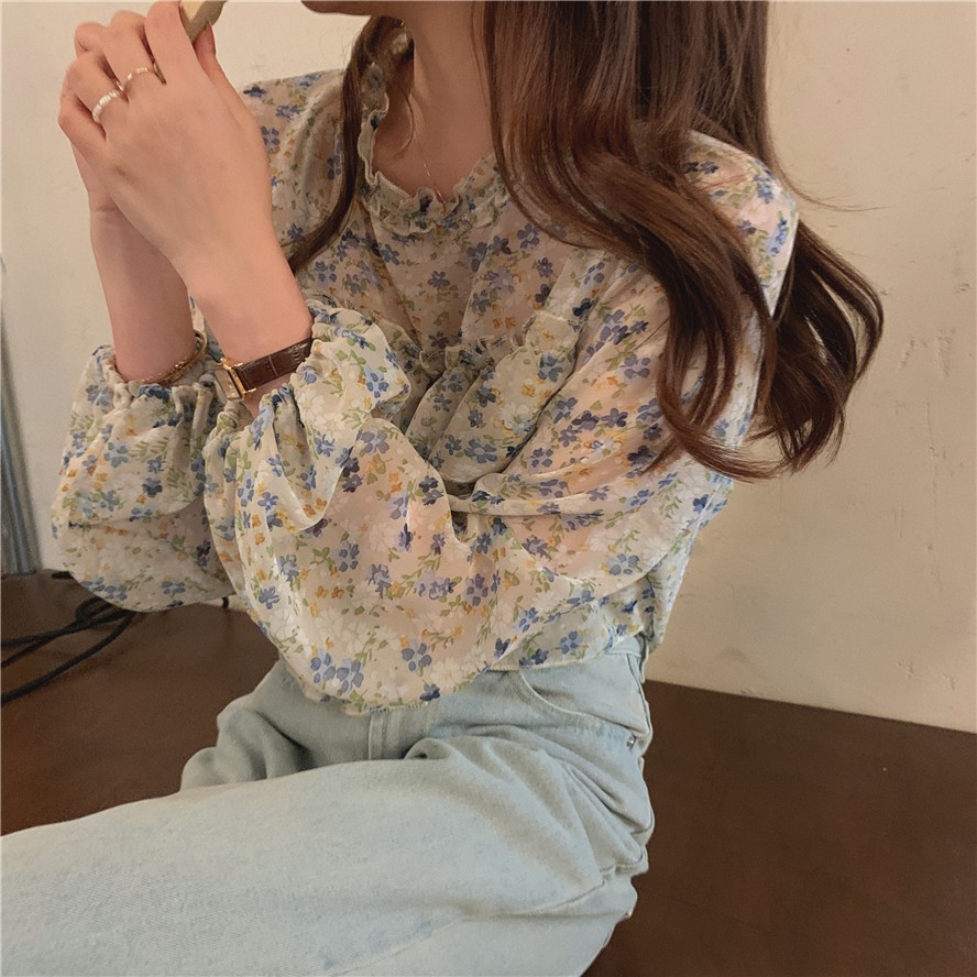 Xiaozhainv Long-sleeved sunscreen top Korean style small fresh floral lotus leaf chiffon shirt