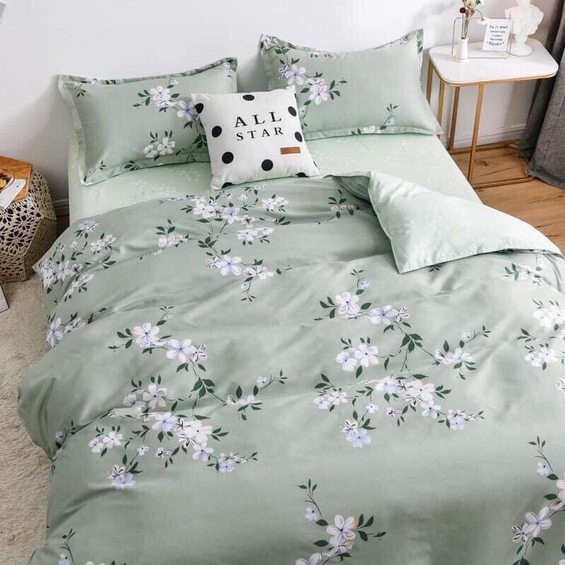 Bộ Drap &amp; Chăn Phao Cotton Poly 4 Món Hoa Xanh Ngọc