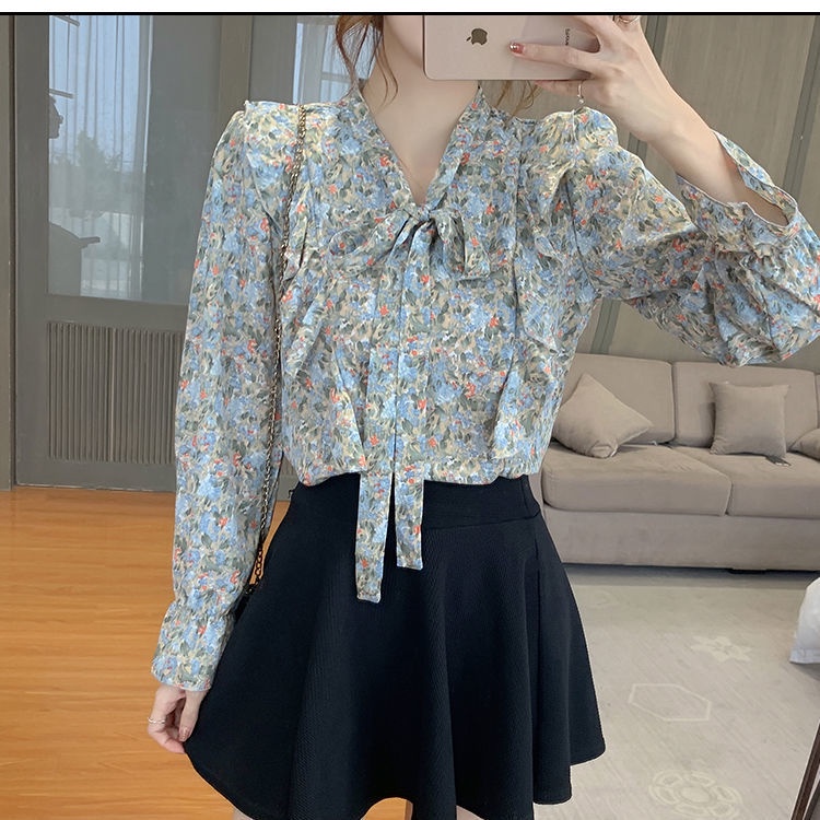 Áo Sơ Mi Voan Tay Dài Thắt Nơ In Họa Tiết Lá Sen Mẫu Mới Thời Trang Mùa Xuân Dành Cho Nữ