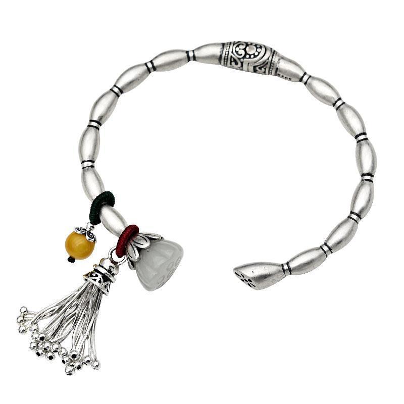 Love❤jewellery,Natural Hetian Jade Lotus Root Bracelet, S925 Silver, Adjustable, Retro Style Carved Bracelet