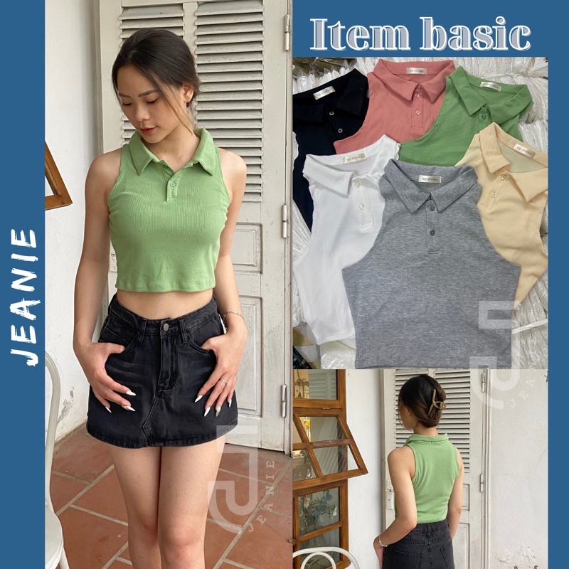Áo croptop polo nữ sát nách JEANIE kiểu ôm basic cổ bẻ phong cách ulzzang