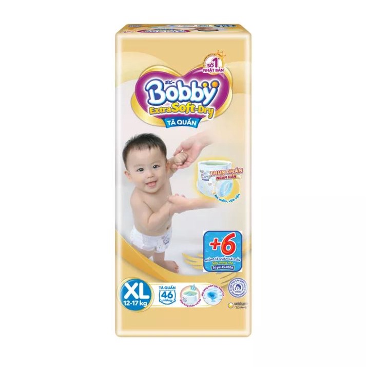 Tã quần/dán cao cấp Bobby Extra Soft Dry M60 L52+2 XL46+6 có quà tặng