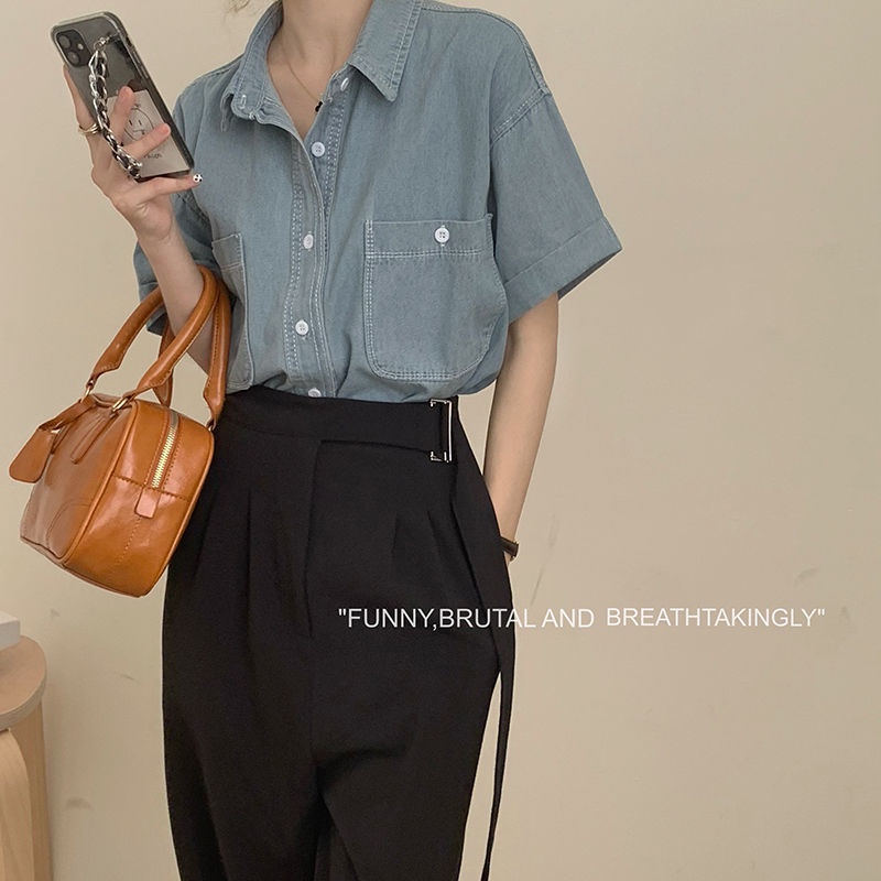 Áo Sơ Mi Tay Ngắn Chất Liệu Denim Mỏng Thời Trang Mùa Hè Phong Cách Hàn Quốc Mới Cho Nữ 2022