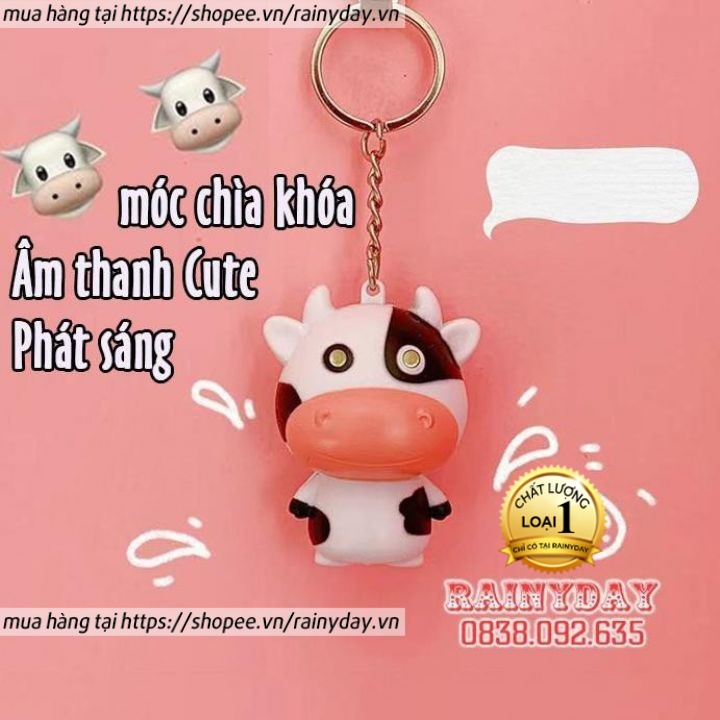 Móc khóa con bò sữa có đèn led phát nhạc treo xe máy balo cặp túi xách cute dễ thương