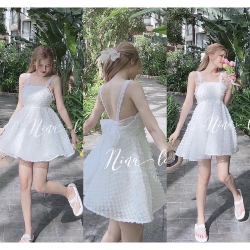 Đầm 2 dây nơ lưng chất xô hạt phong cách ngọt ngào