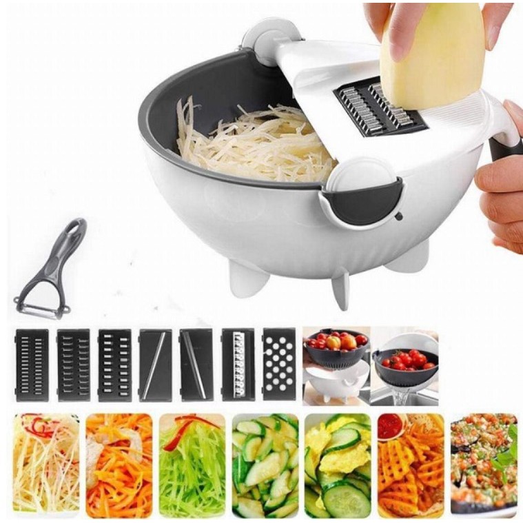 Bộ Dụng Cụ Nạo Gọt Rau Củ Quả Thái Lát Bào Sợi Đa Năng Kèm Rổ 9In1- Rổ Bào Rau Củ Quả Xoay 360 Độ Kèm 7 Lưỡi Dao