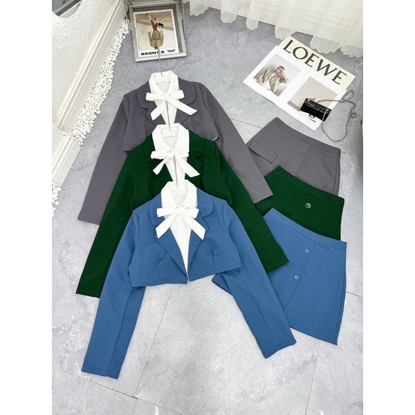 Set áo vest + chân váy xanh rêu cực xinh