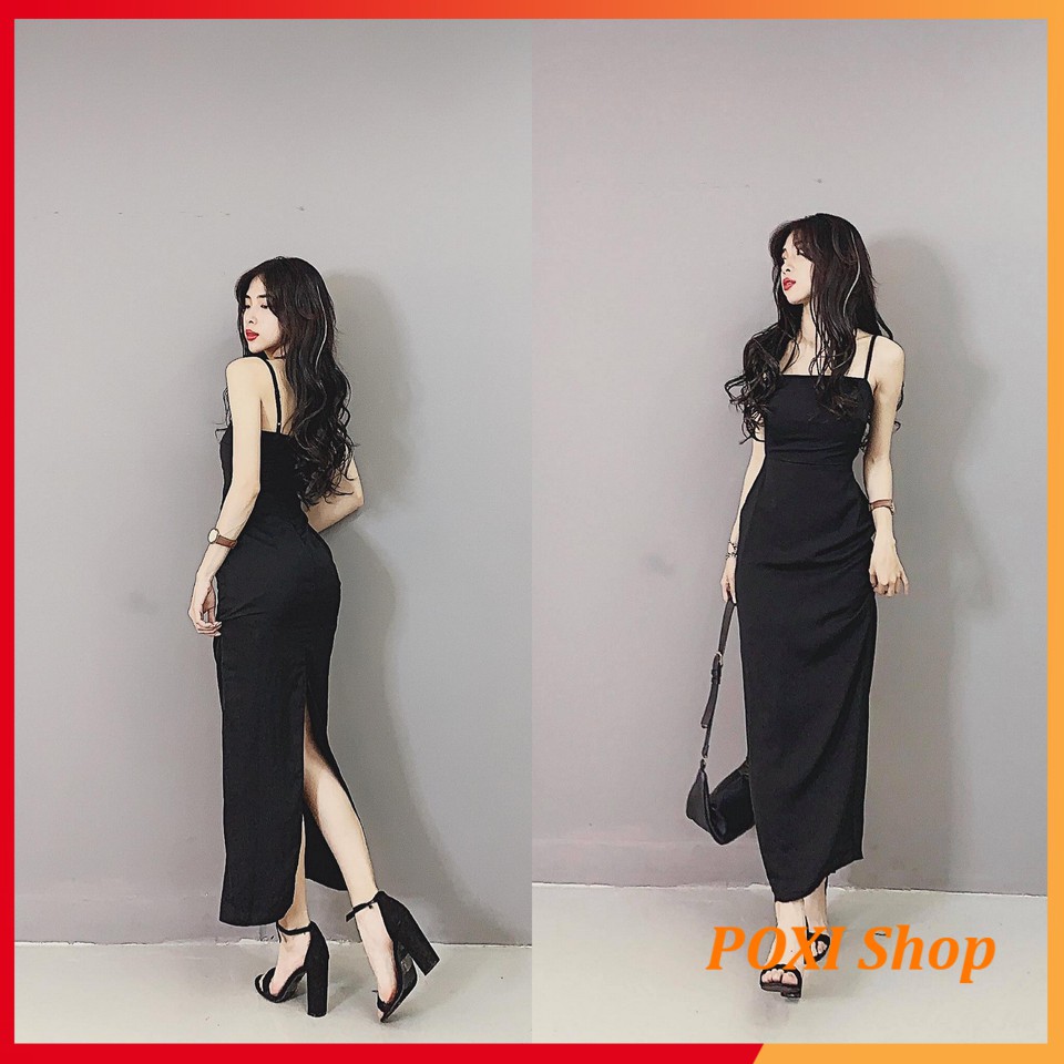 [ẢNH THẬT] Đầm 2 Dây Maxi Nhún Lưng Xẻ Sau EMO (ĐEN) | BigBuy360 - bigbuy360.vn