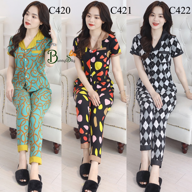 ĐỒ BỘ MẶC NHÀ, BỘ QUẦN ÁO NỮ TAY CỘC CHẤT LIỆU LỤA HÀN MỀM MỊN