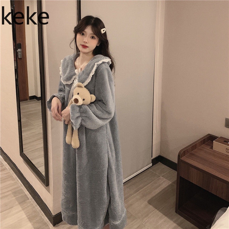 Đầm ngủ tay dài chất nỉ dày dặn giữ ấm thời trang mùa đông xinh xắn cho nữ | BigBuy360 - bigbuy360.vn