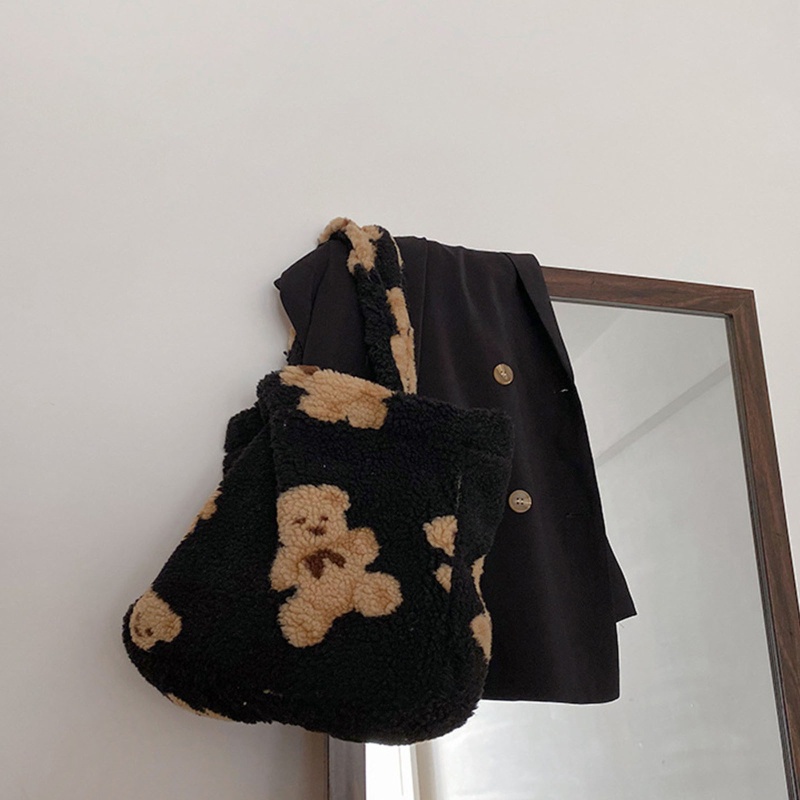 Túi Tote Đeo Vai Phủ Lông Cừu Giả Họa Tiết Gấu Hoạt Hình Thời Trang Mùa Đông Cho Nữ