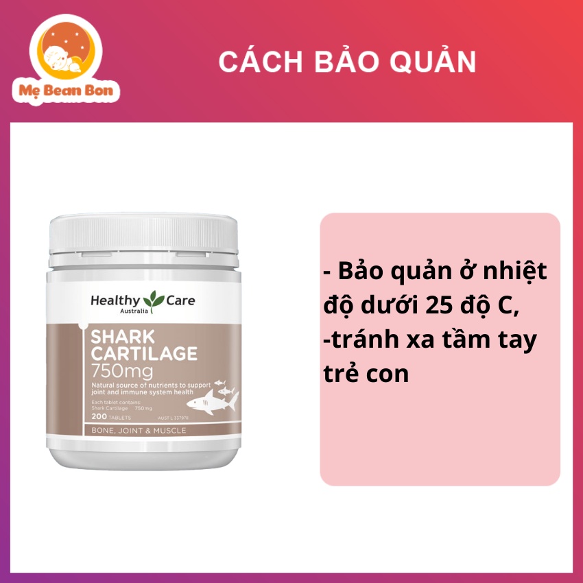 Sụn vi cá mập Healthy Care Shark Cartilage 750mg 200 viên của úc hỗ trợ xương khớp cho người trên 18 tuổi trở lên