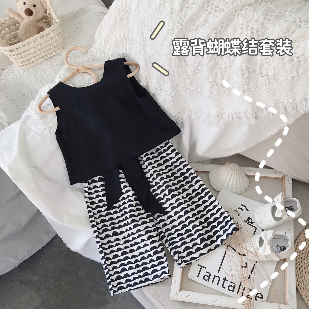 Sét ba Lỗ phối nơ + quần ống rộng thiết kế đáng yêu cho trẻ em gái