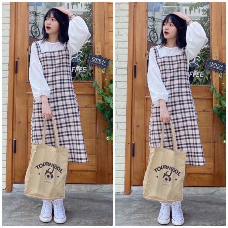 Sét Váy Yếm Ulzzang Phong Cách Hàn Quốc Kèm Áo Sơ Mi (Video+Ảnh Thật Shop Tự Chụp)