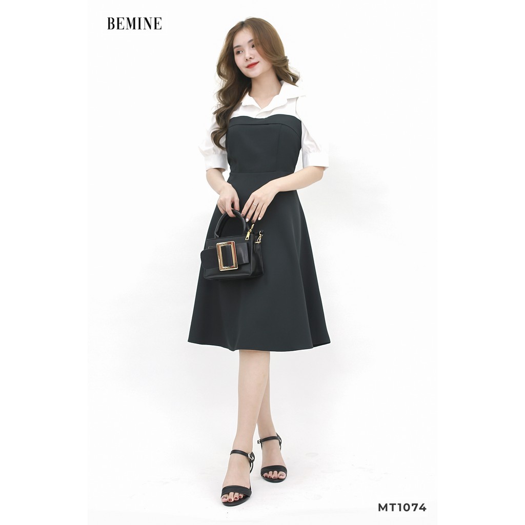 Đầm xòe nữ phối đen tay phồng phối trắng BEMINE MT1074DEN150 | BigBuy360 - bigbuy360.vn