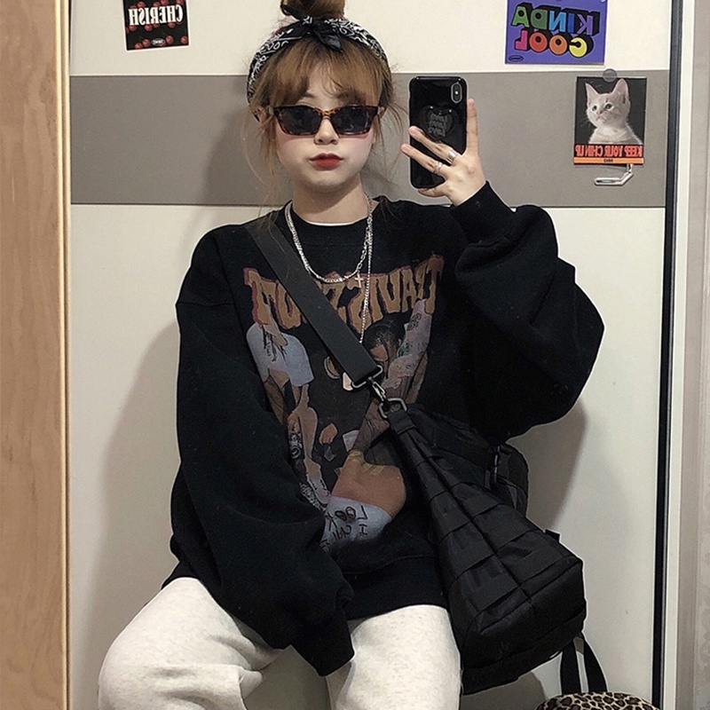 Áo sweater IELGY tay dài cổ tròn in họa tiết phong cách Châu Mỹ thời trang retro cho nữ