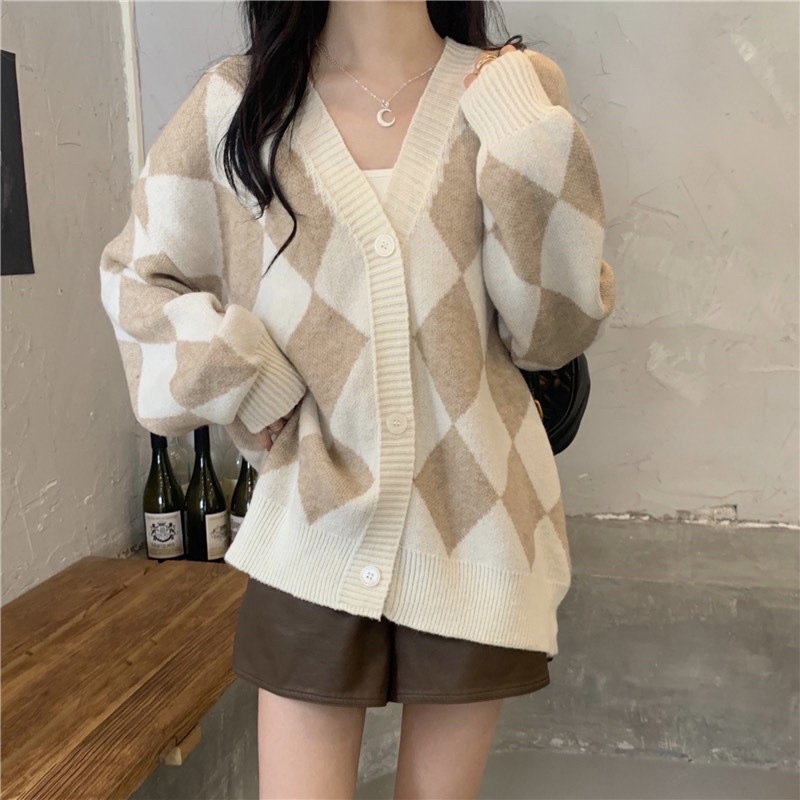 Áo len cardigan hoạ tiết chám 2 màu hàng Quảng Châu A1952N Nhung Nhớ