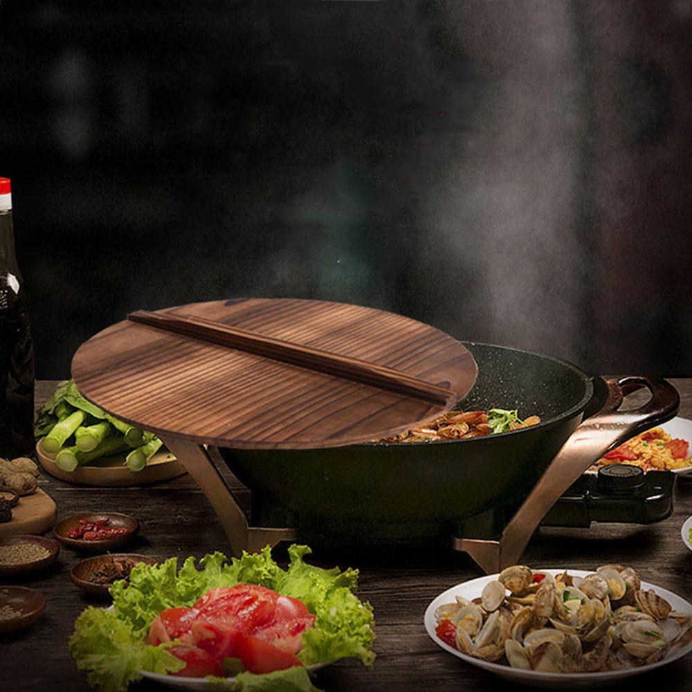 Nắp Nồi Chảo Bằng Gỗ + Sắt Phong Cách Trung Hoa Cổ Điển Chống Tràn Chống Bỏng Tiện Dụng Cho Nhà Bếp