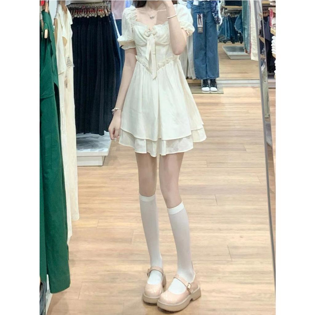 Xiaozhainv Đầm Tay Phồng Cổ Vuông Thiết Kế Ngọt Ngào Phong Cách Pháp Cho Nữ