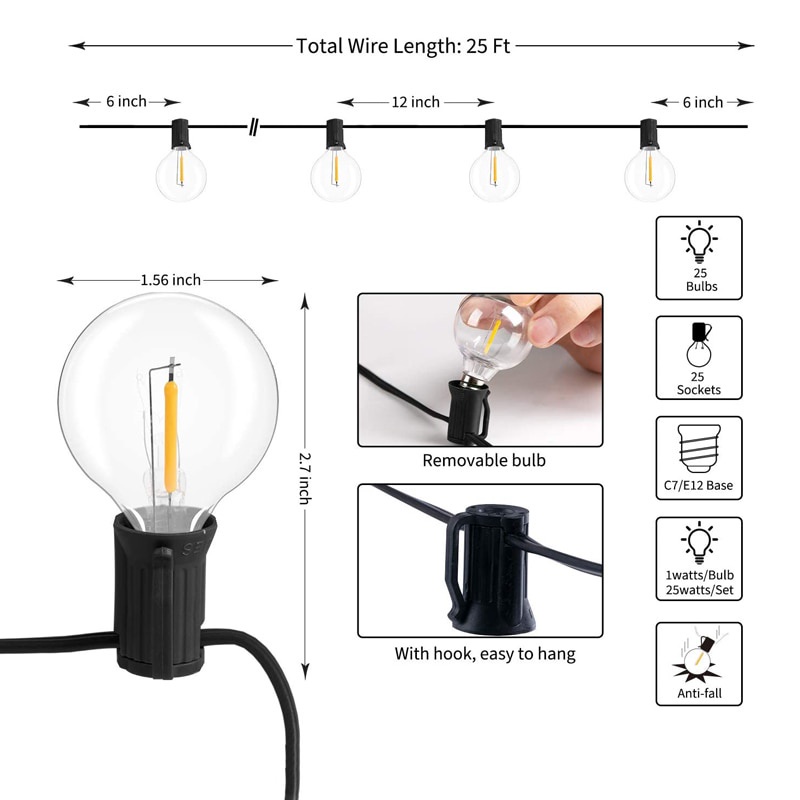 Set 25 Đèn LED G40 Bóng Tròn Năng Lượng Mặt Trời Trang Trí Giáng Sinh