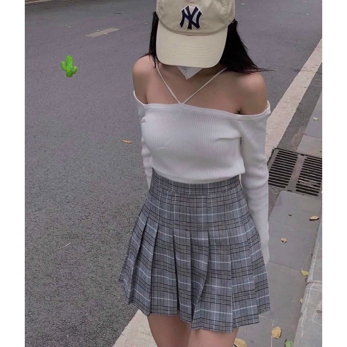 Áo trễ vai tay dài 2 dây nhỏ chéo cổ chất gân tăm siêu xinh