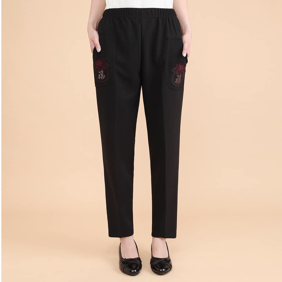 Quần dài nữ quần trung niên thêu hoa dáng suông co dãn dễ kết hơp mặc 4 mùa