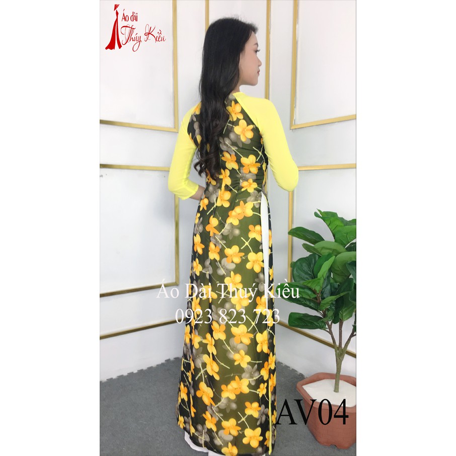 Áo dài Thúy Kiều in 3D lụa chi phông 4 lớp hoa vàng AV04