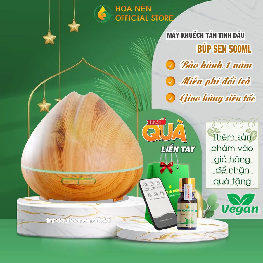 Máy khuếch tán tinh dầu MKT1806 hình búp sen 500ml Hoa Nén - Có chế độ tự ngắt khi hết nước, bù ẩm phòng điều hòa