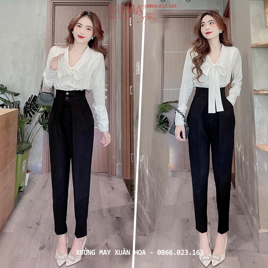 Quần baggy vải công sở nữ cạp cao liền 2 tầng cúc màu Đen Trắng kiểu quần tây nữ lưng cao vải dày mềm đi học co giãn nhẹ