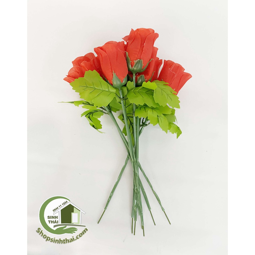 Cành hoa hồng giả - hoa vải lụa màu đỏ