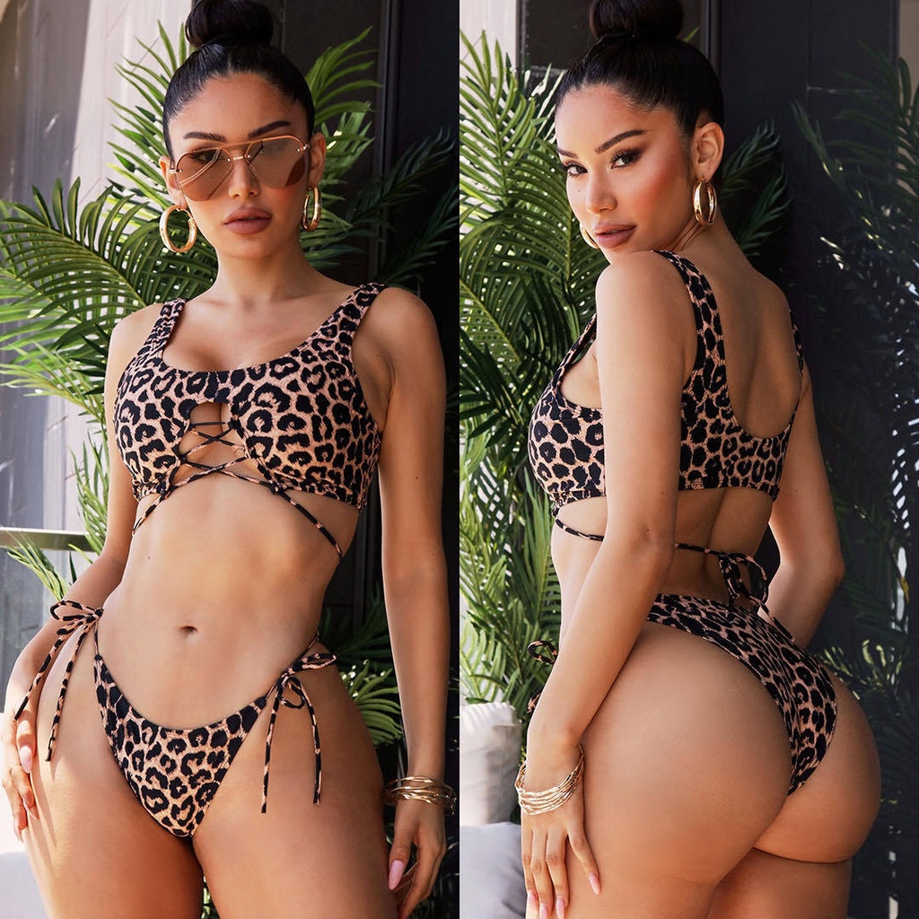 Bikini 2 Mảnh Đi Biển Có Mút Lót Ngực Hoạ Tiết Da Báo Cột Dây Cạp Cao Freesize từ 43-60kg