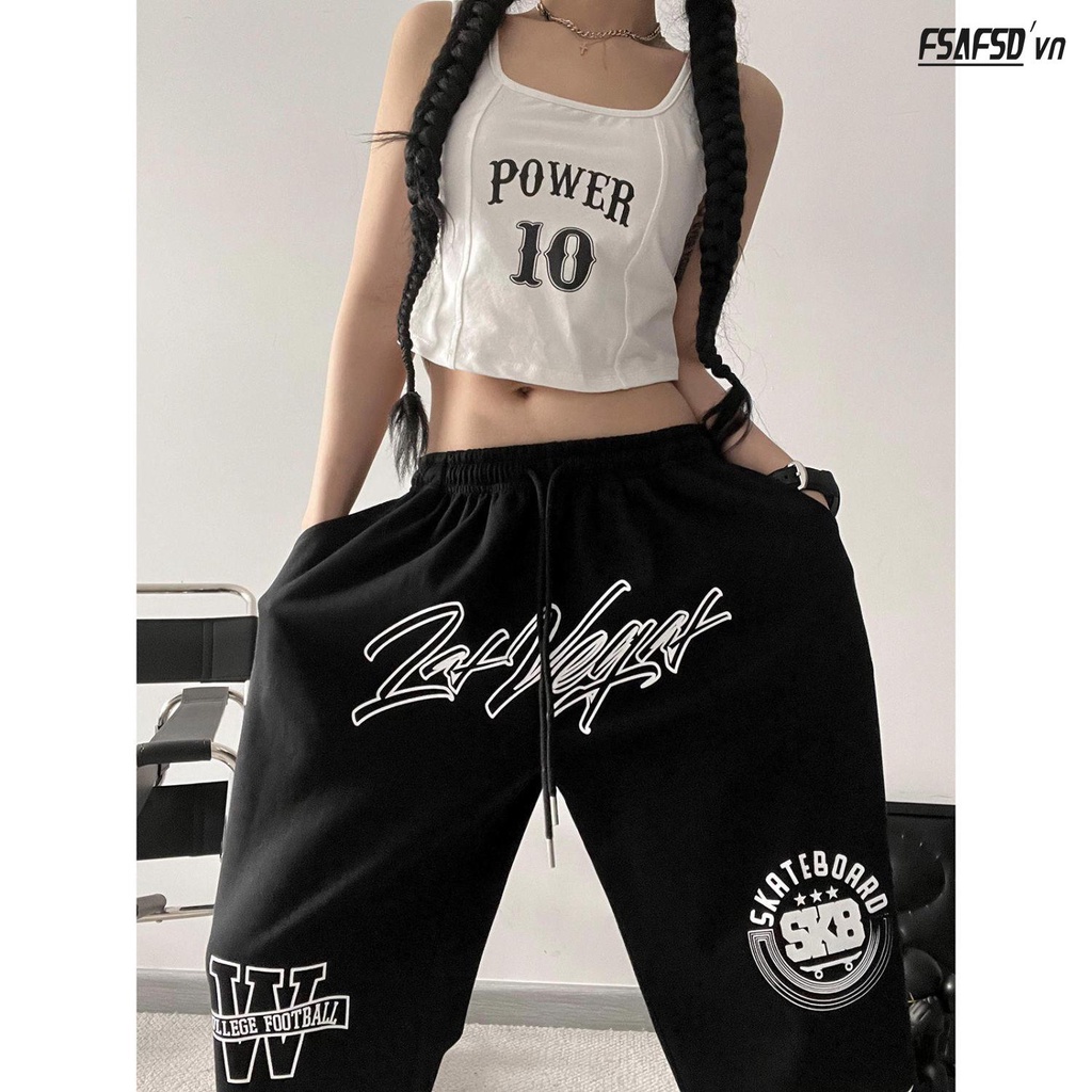 Quần Thể Thao Ống Rộng In Họa Tiết Màu Đen Phong Cách Hip Hop Thời Trang Mùa Hè Cho Nữ