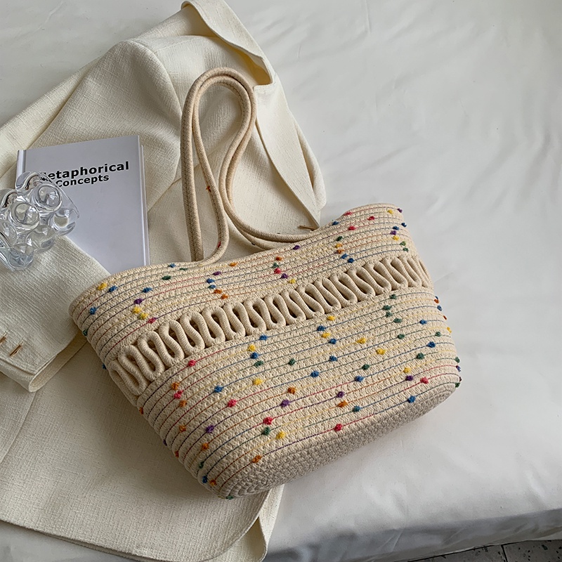 IELGY Túi Đeo Vai Bằng Rơm Đan Phối Sợi cotton Cỡ Lớn Thời Trang Cho Nữ