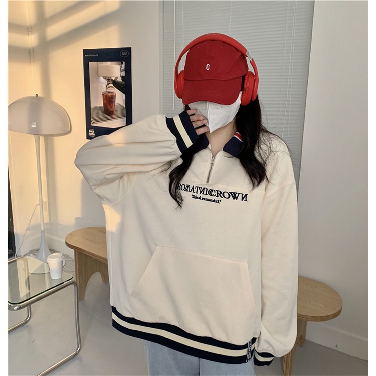 Áo sweater cổ polo thêu chữ thời trang xuân thu cho nữ