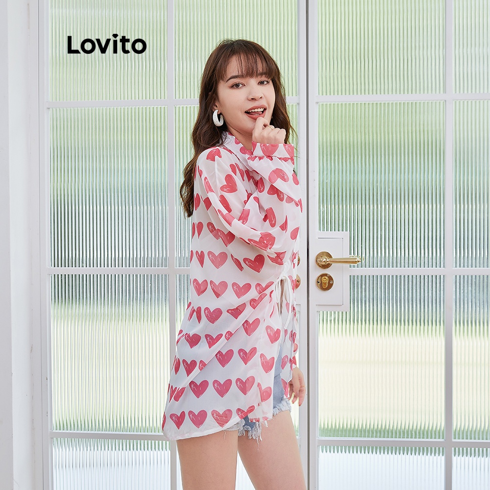 Áo Lovito đơn giản dáng rộng có cổ dài tay in hình trái tim vải mỏng BLCWJRP2157 (màu hồng)