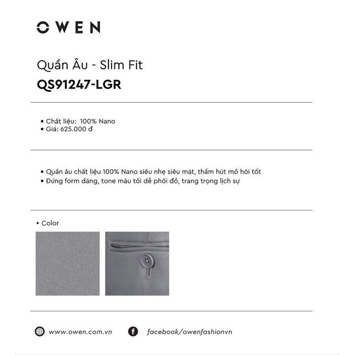 𝐂ự𝐜 𝐑ẻ ⚡ Xả Hết OWEN - Quần âu nam màu xám dáng SLIMFIT - form ôm QS91247 * ⁸ ⚡ ' ' Xịn 2021