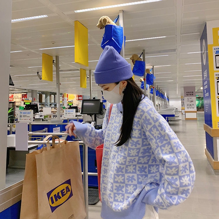 Áo sweater dáng rộng họa tiết sọc caro màu xanh dương sữa phong cách Hàn Quốc thời trang mùa thu cho nữ 2021