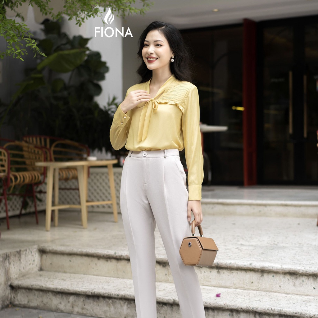 Áo Sơ Mi Nữ Fiona Dáng Suông, Cổ Buộc Nơ, Dập Nhăn Trên Ngực Chất Vải Linen Lụa Cao Cấp Mềm Mịn Co Giãn Thoải Mái F55224