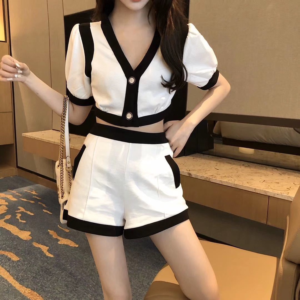Spot summer New Elegant sexy V-neck short sleeve color matching navel top high waist shorts Chanel style socialite suit women's summer skirt