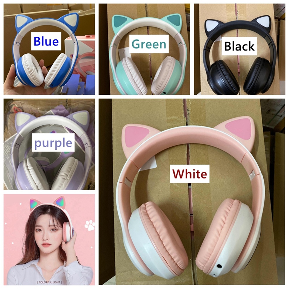 Tai nghe bluetooth không dây hình tai mèo dễ thương có thể điều khiển và mic