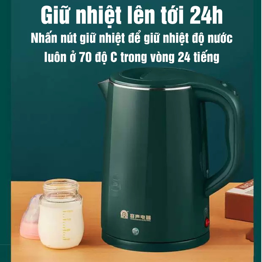 Ấm siêu tốc giữ nhiệt 2 lớp bình đun nước siêu tốc dung tích 1.8L công suất 1500W chống nóng tự ngắt giữ nhiệt 24h