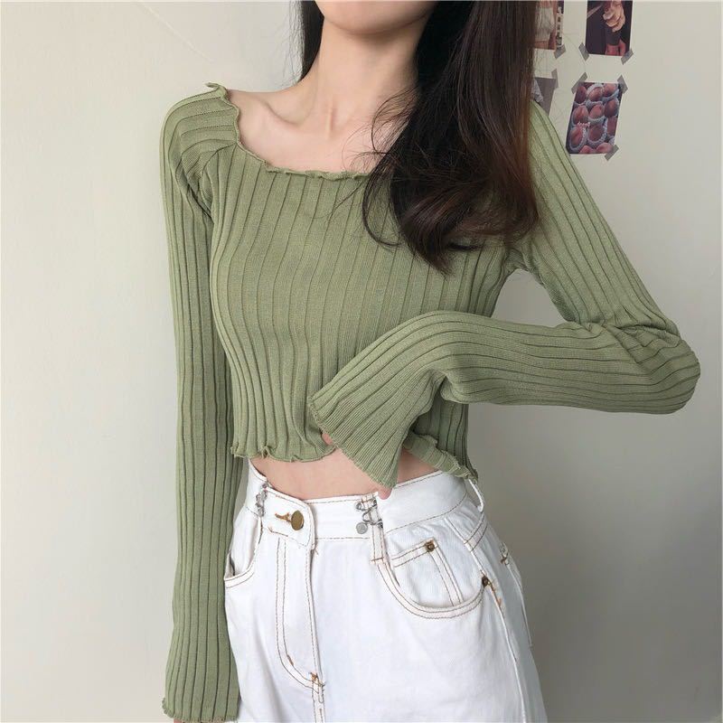 Áo Croptop Dệt Kim Tay Dài Phối Màu Trơn Thiết Kế Độc Đáo Nữ Tính
